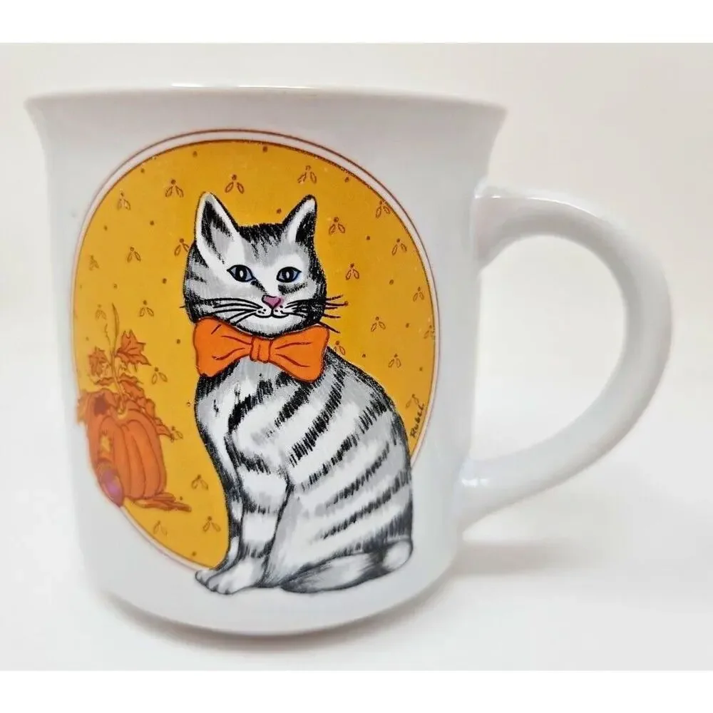 1985 Chadwick Miller Fall Theme Orange Bowtie Cat Coffee Mug‎ W2